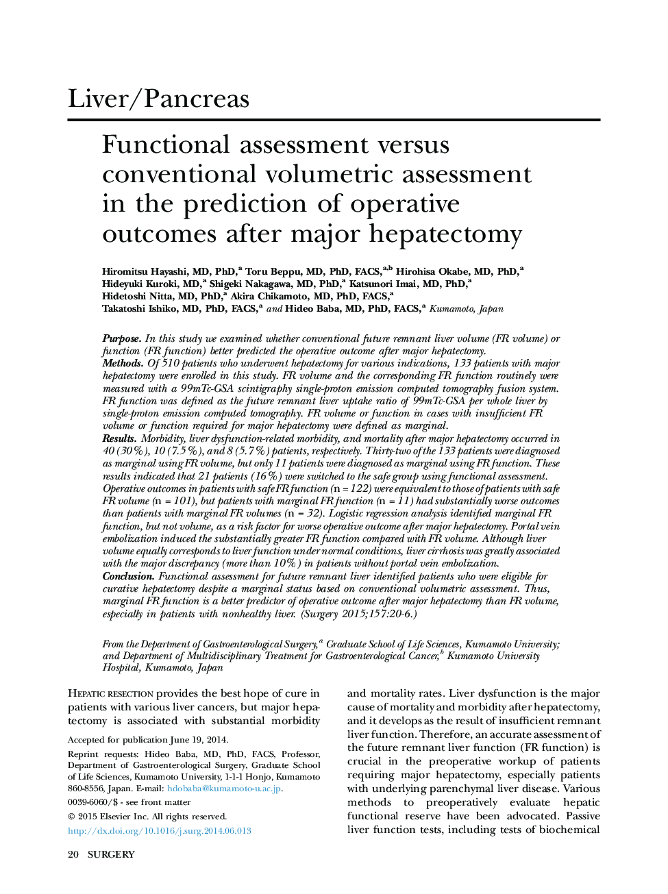 Functional assessment versus conventional volumetric assessment in the prediction of operative outcomes after major hepatectomy