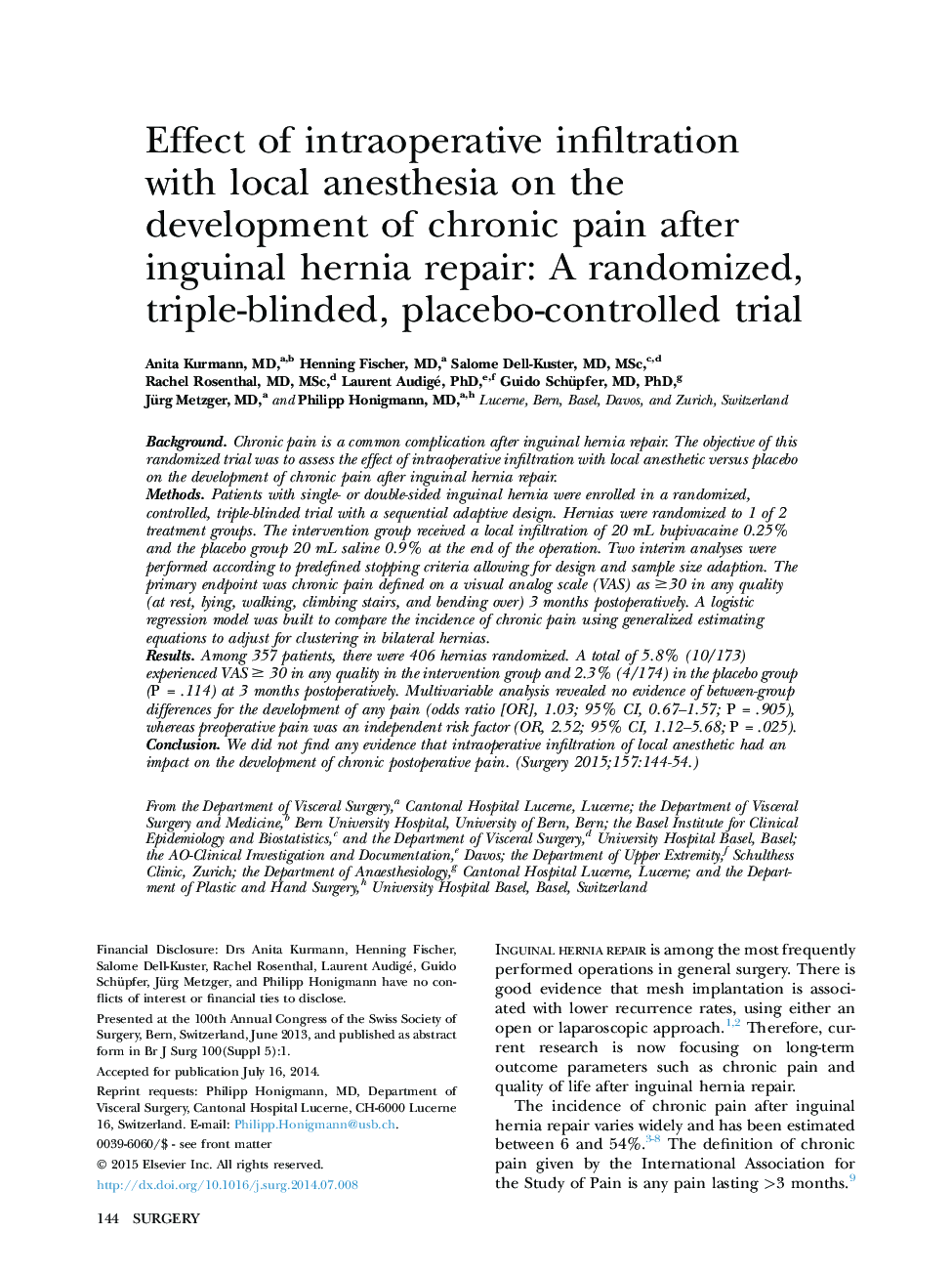 Effect of intraoperative infiltration with local anesthesia on the development of chronic pain after inguinal hernia repair: A randomized, triple-blinded, placebo-controlled trial 
