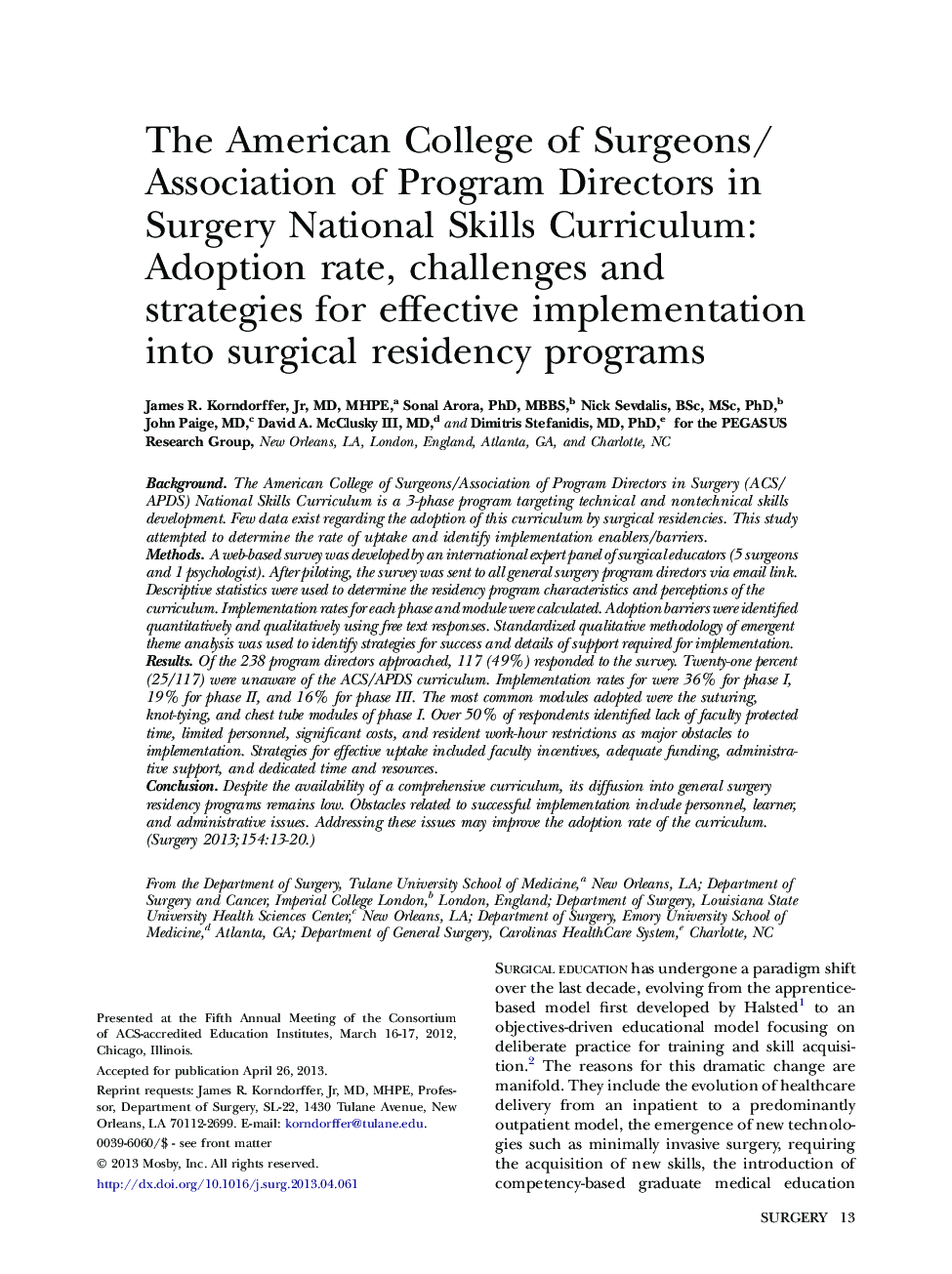 The American College of Surgeons/Association of Program Directors in Surgery National Skills Curriculum: Adoption rate, challenges and strategies for effective implementation into surgical residency programs
