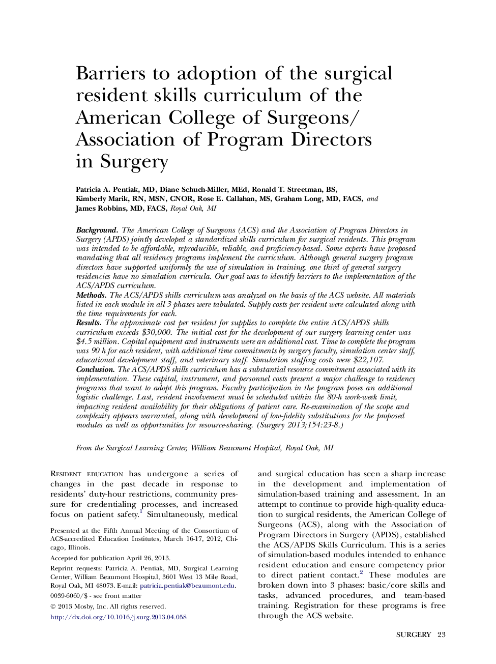 Barriers to adoption of the surgical resident skills curriculum of the American College of Surgeons/Association of Program Directors in Surgery