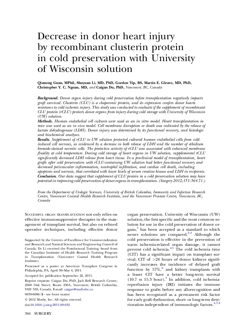 Decrease in donor heart injury by recombinant clusterin protein in cold preservation with University of Wisconsin solution 