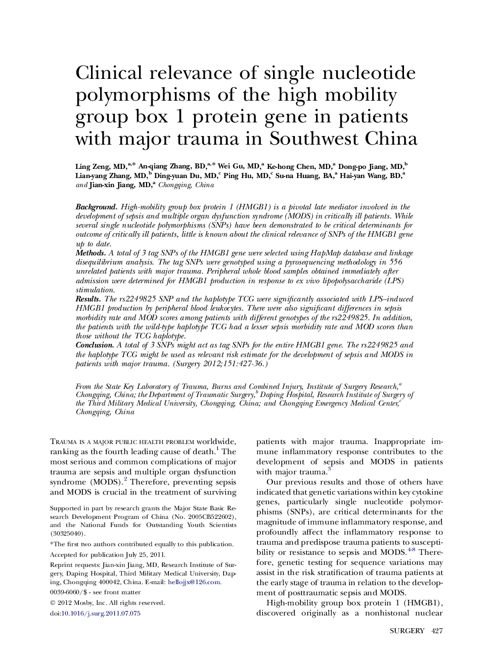 Clinical relevance of single nucleotide polymorphisms of the high mobility group box 1 protein gene in patients with major trauma in Southwest China 