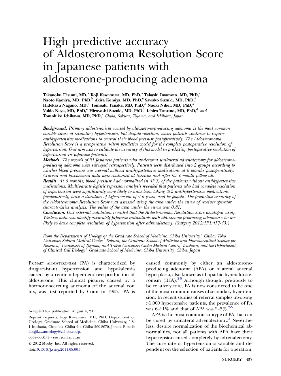 High predictive accuracy of Aldosteronoma Resolution Score in Japanese patients with aldosterone-producing adenoma