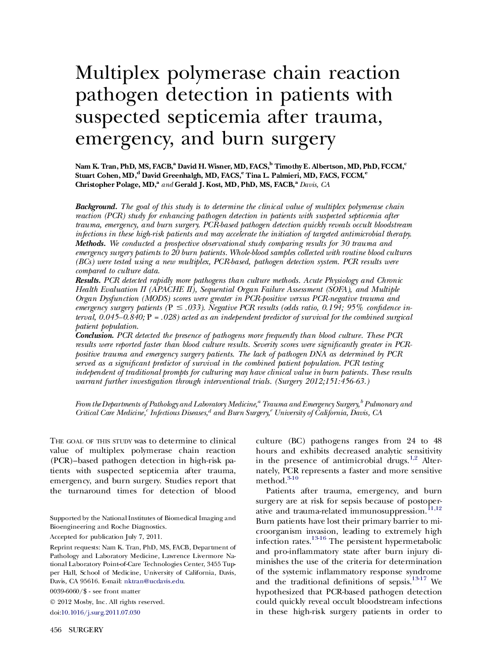 Multiplex polymerase chain reaction pathogen detection in patients with suspected septicemia after trauma, emergency, and burn surgery 