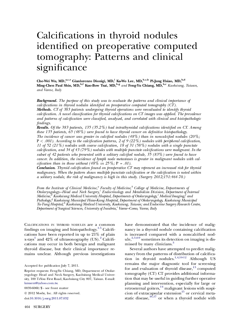 Calcifications in thyroid nodules identified on preoperative computed tomography: Patterns and clinical significance