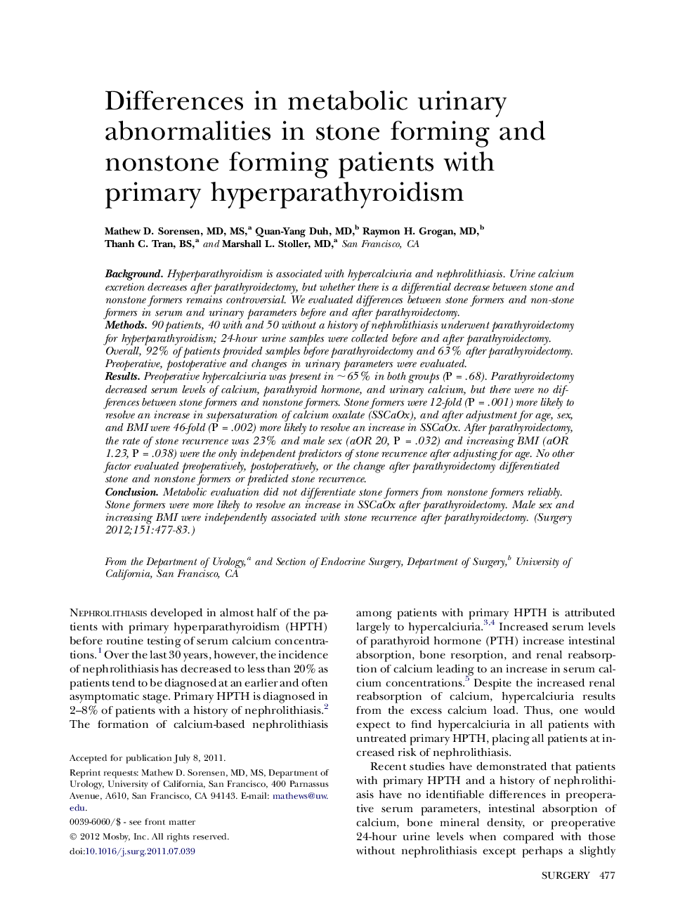 Differences in metabolic urinary abnormalities in stone forming and nonstone forming patients with primary hyperparathyroidism