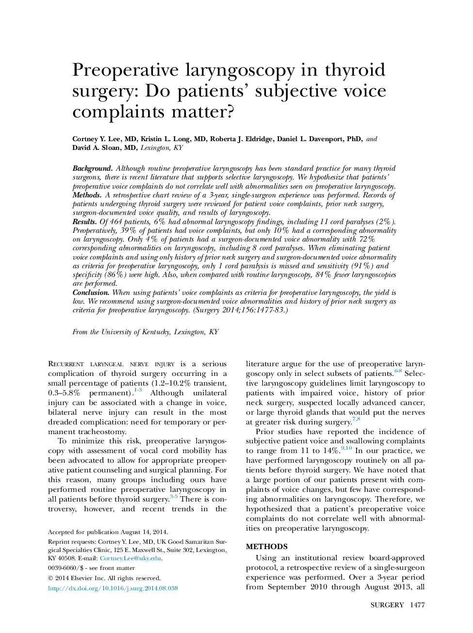 Preoperative laryngoscopy in thyroid surgery: Do patients' subjective voice complaints matter?