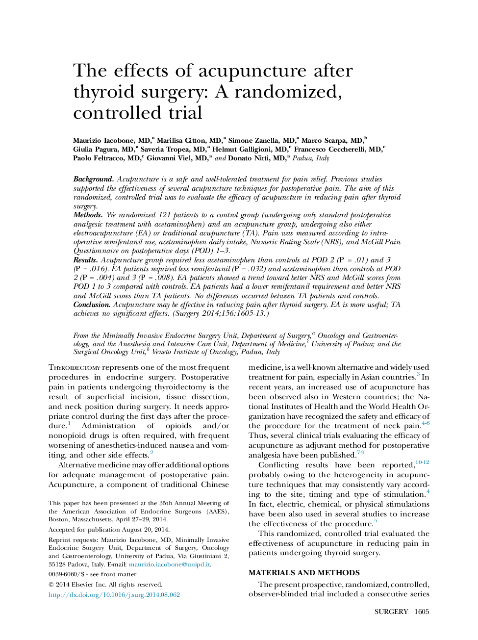 The effects of acupuncture after thyroid surgery: A randomized, controlled trial