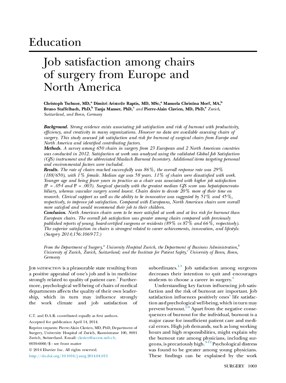 Job satisfaction among chairs of surgery from Europe and North America 