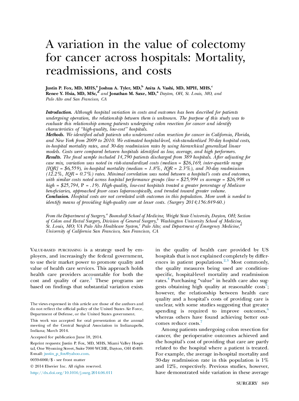 A variation in the value of colectomy for cancer across hospitals: Mortality, readmissions, and costs 