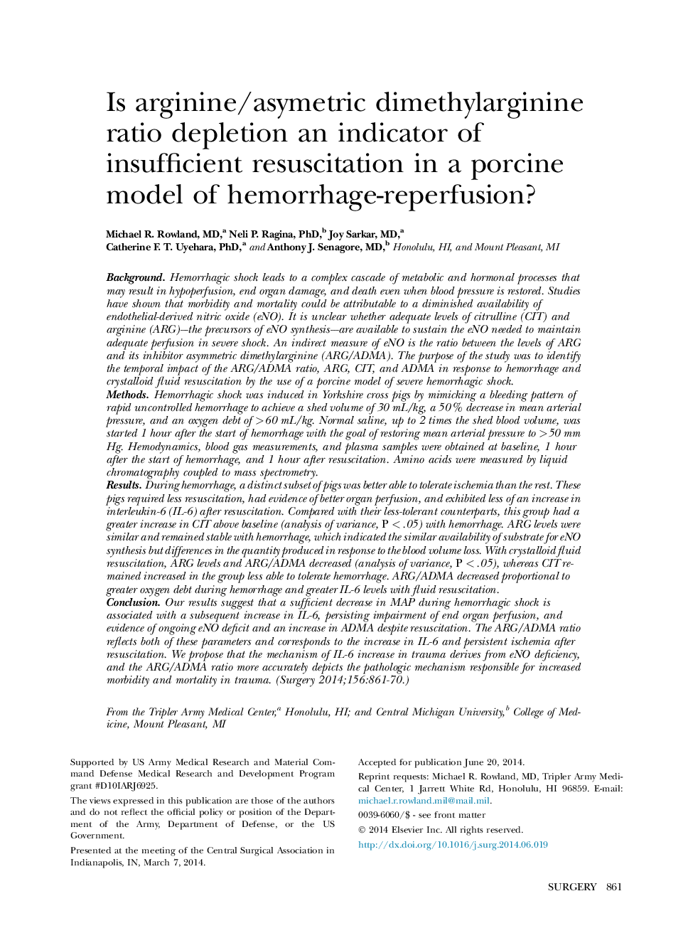 Is arginine/asymetric dimethylarginine ratio depletion an indicator of insufficient resuscitation in a porcine model of hemorrhage-reperfusion? 