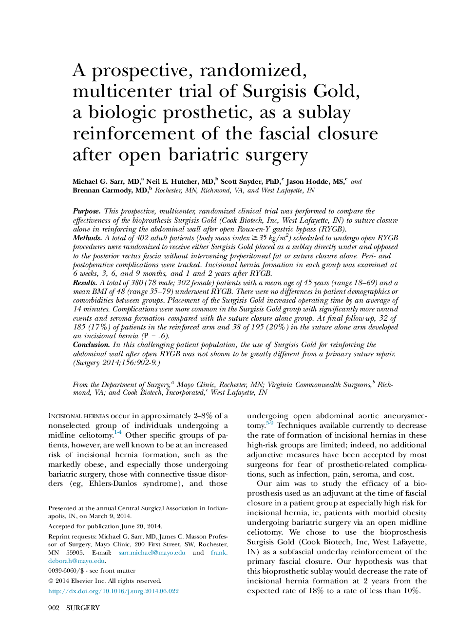 A prospective, randomized, multicenter trial of Surgisis Gold, a biologic prosthetic, as a sublay reinforcement of the fascial closure after open bariatric surgery