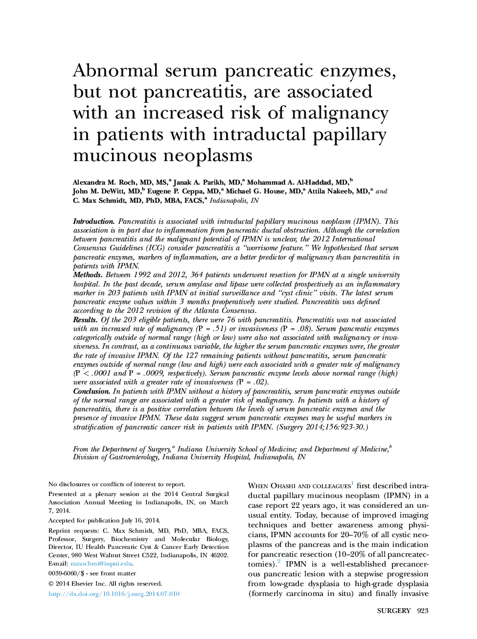 Abnormal serum pancreatic enzymes, but not pancreatitis, are associated with an increased risk of malignancy in patients with intraductal papillary mucinous neoplasms 