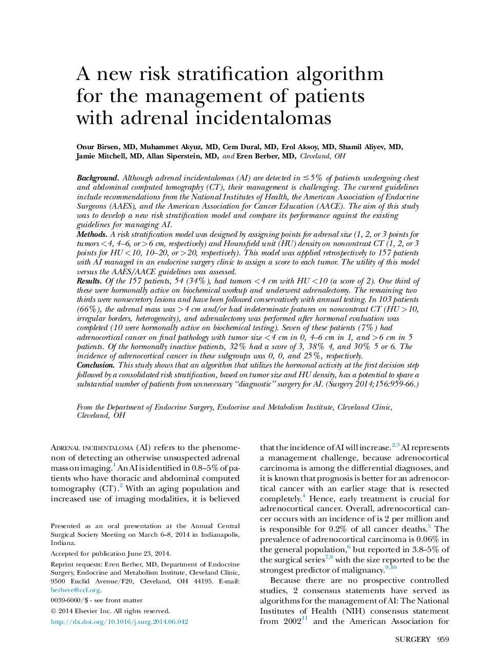 A new risk stratification algorithm for the management of patients with adrenal incidentalomas