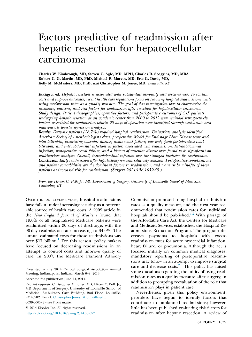 Factors predictive of readmission after hepatic resection for hepatocellular carcinoma