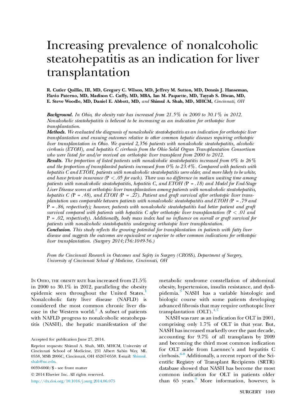 Increasing prevalence of nonalcoholic steatohepatitis as an indication for liver transplantation