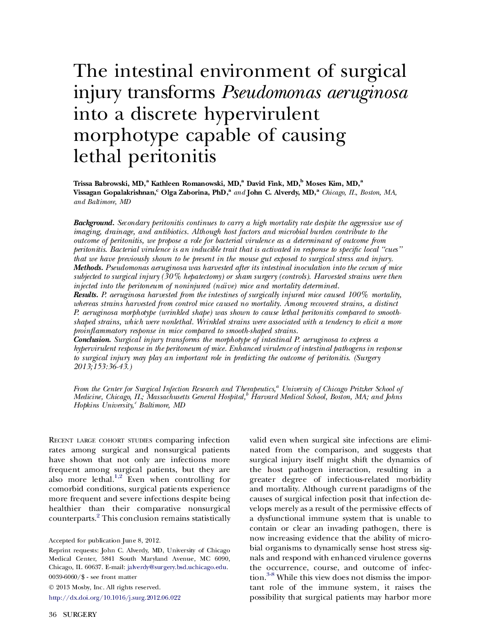 The intestinal environment of surgical injury transforms Pseudomonas aeruginosa into a discrete hypervirulent morphotype capable of causing lethal peritonitis