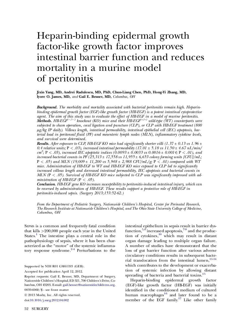 Heparin-binding epidermal growth factor-like growth factor improves intestinal barrier function and reduces mortality in a murine model of peritonitis 