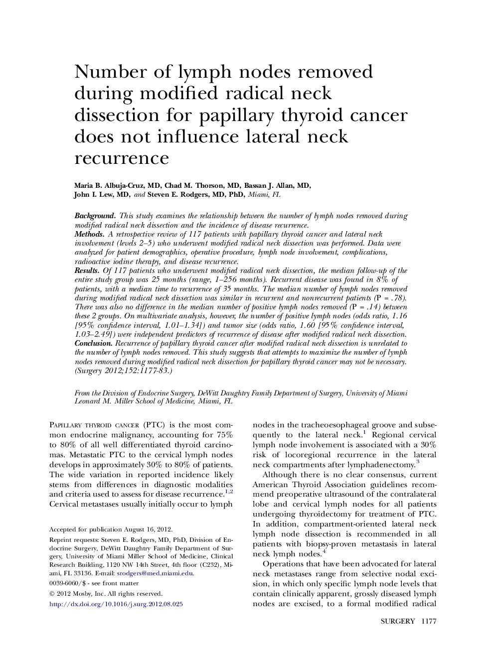 Number of lymph nodes removed during modified radical neck dissection for papillary thyroid cancer does not influence lateral neck recurrence