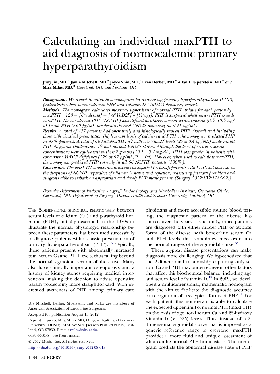 Calculating an individual maxPTH to aid diagnosis of normocalemic primary hyperparathyroidism 