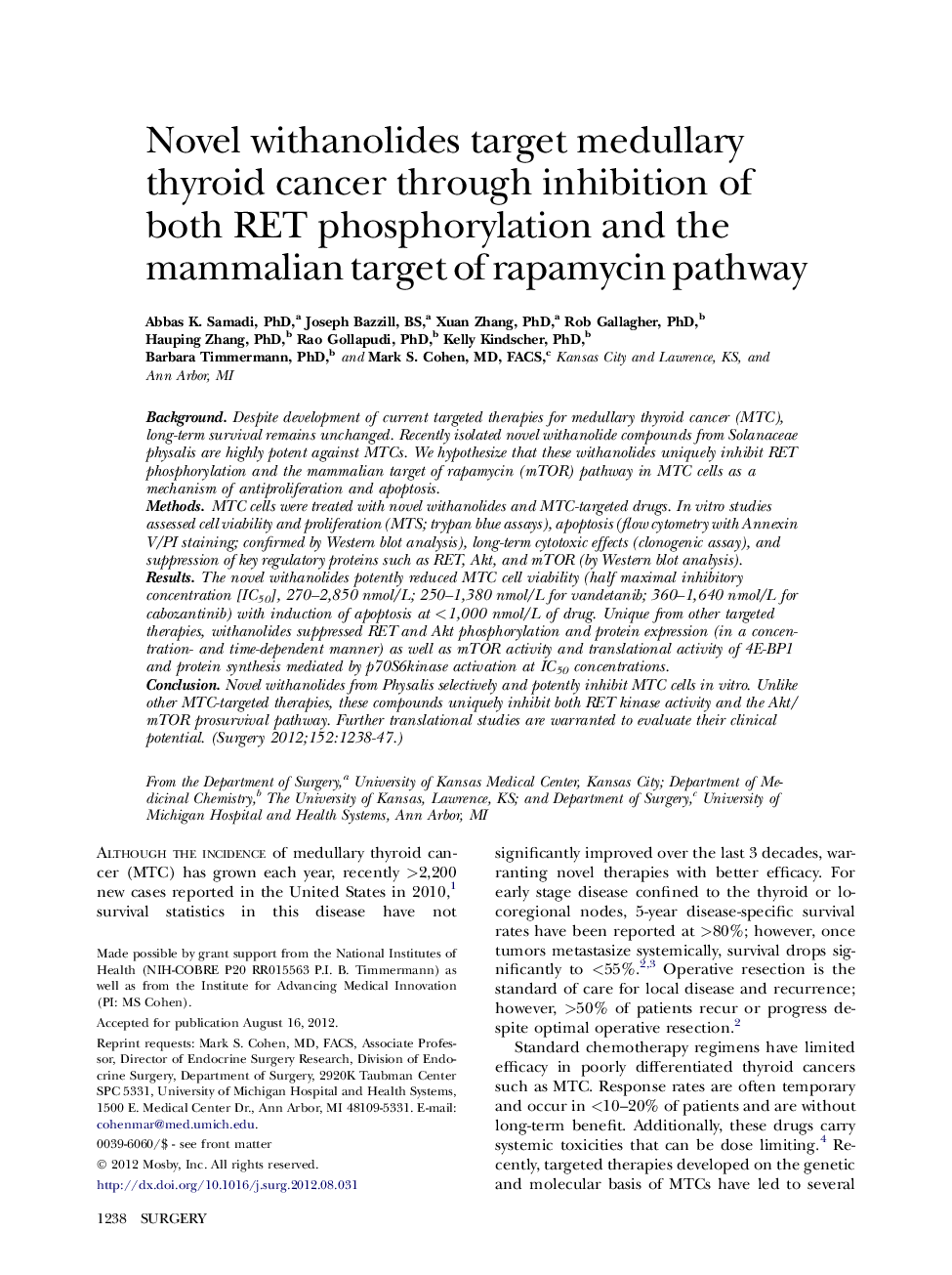 Novel withanolides target medullary thyroid cancer through inhibition of both RET phosphorylation and the mammalian target of rapamycin pathway 