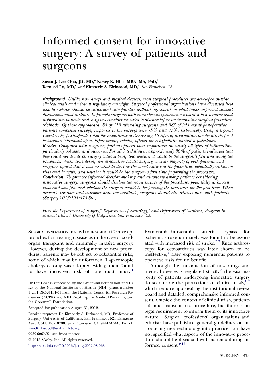 Informed consent for innovative surgery: A survey of patients and surgeons 