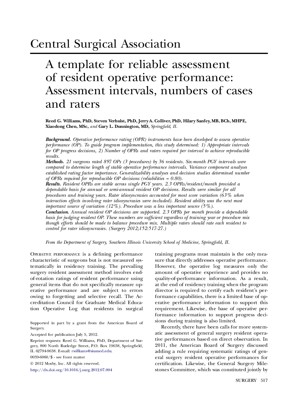 A template for reliable assessment of resident operative performance: Assessment intervals, numbers of cases and raters 