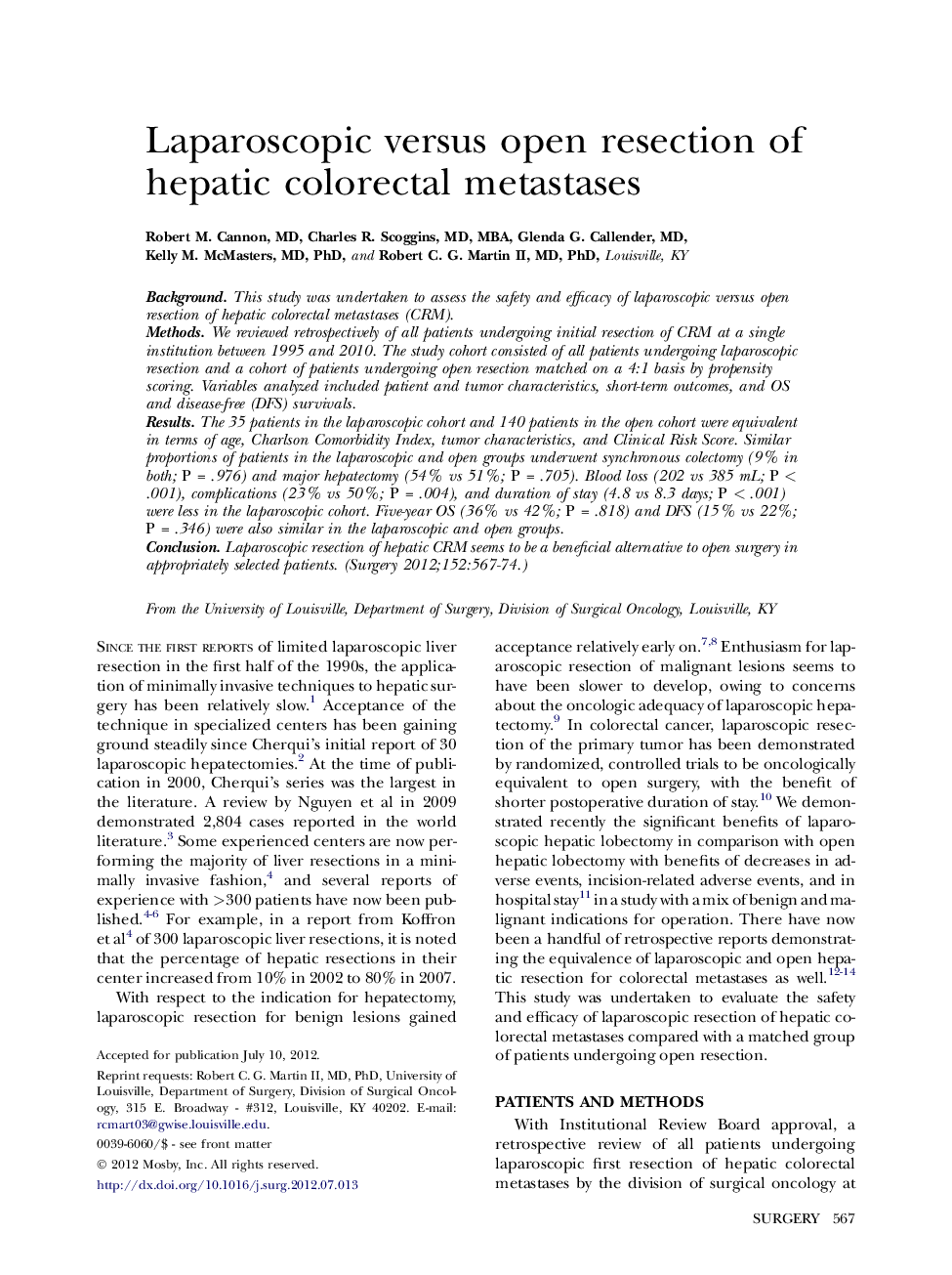 Laparoscopic versus open resection of hepatic colorectal metastases