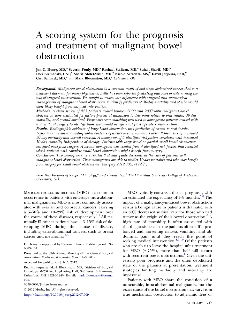 A scoring system for the prognosis and treatment of malignant bowel obstruction 