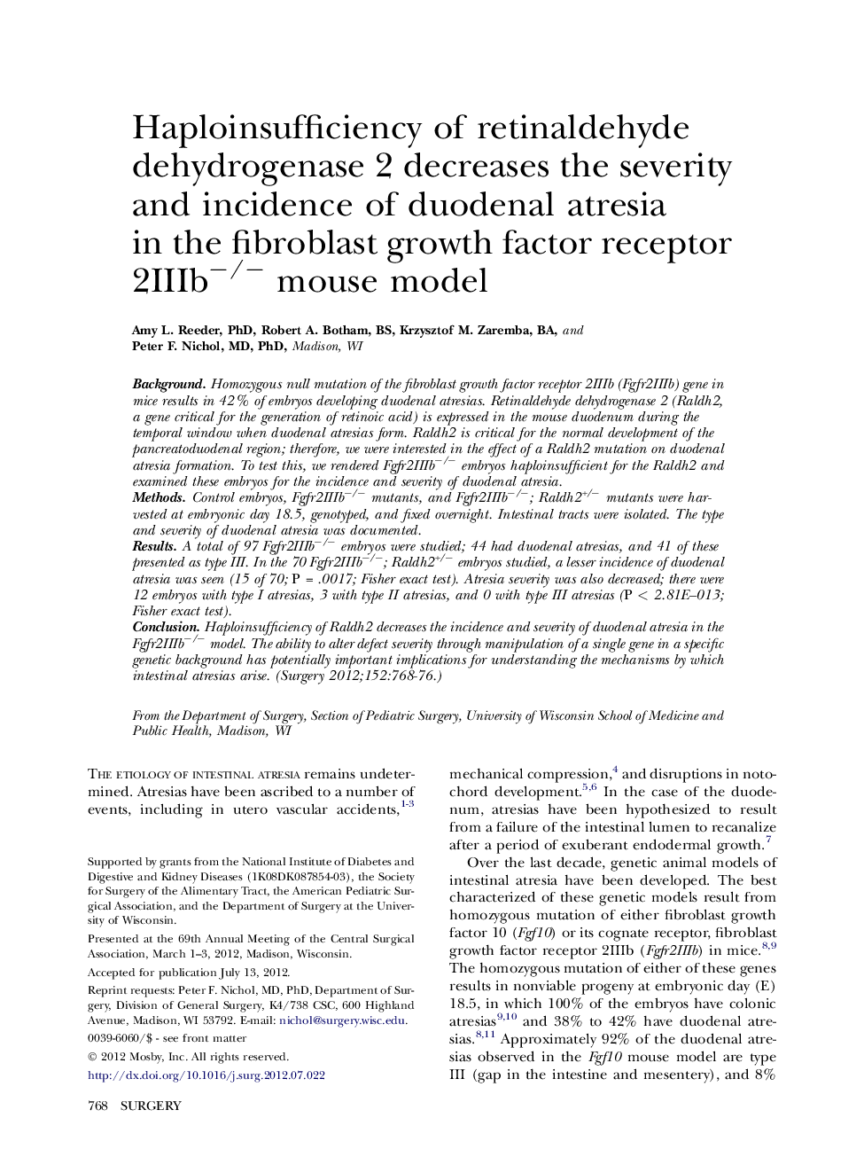 Haploinsufficiency of retinaldehyde dehydrogenase 2 decreases the severity and incidence of duodenal atresia in the fibroblast growth factor receptor 2IIIb−/− mouse model 