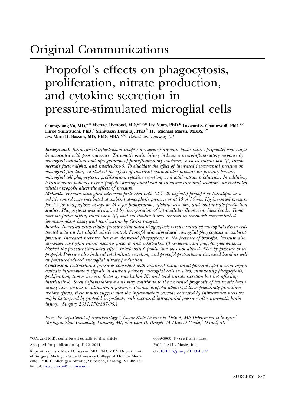 Propofol’s effects on phagocytosis, proliferation, nitrate production, and cytokine secretion in pressure-stimulated microglial cells