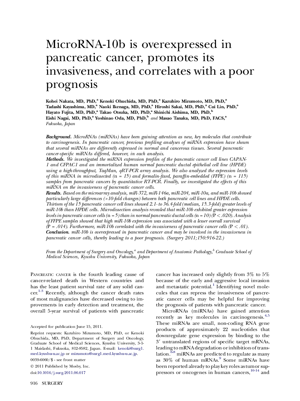 MicroRNA-10b is overexpressed in pancreatic cancer, promotes its invasiveness, and correlates with a poor prognosis