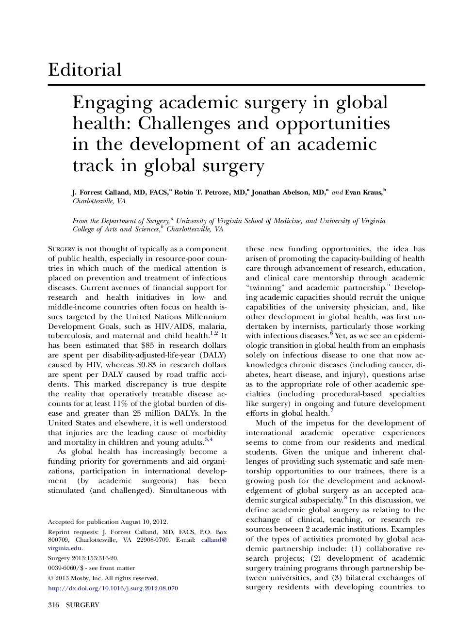 Engaging academic surgery in global health: Challenges and opportunities in the development of an academic track in global surgery