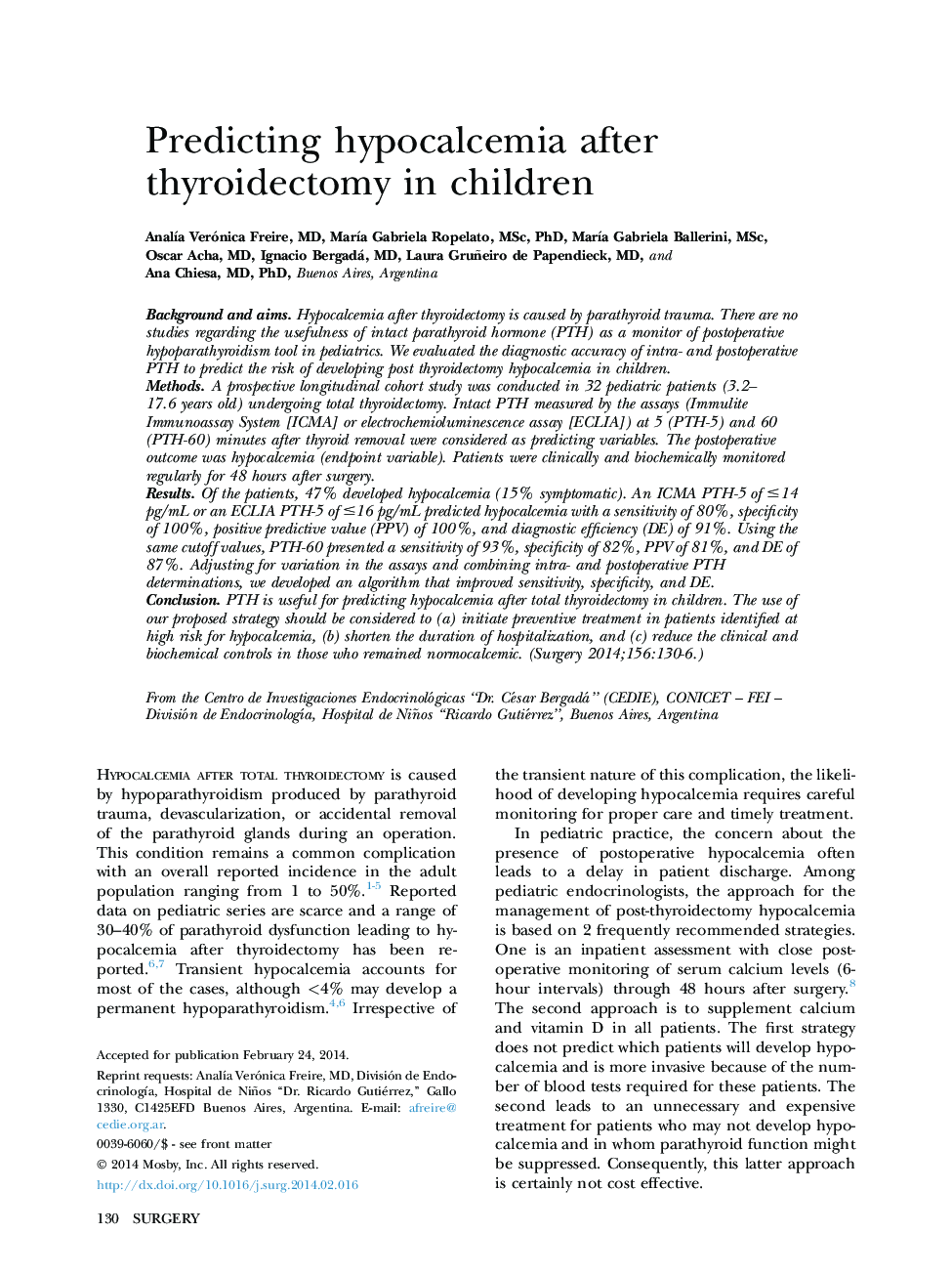 پیش بینی هیپوکلسمی پس از تیروئیدکتومی در کودکان 