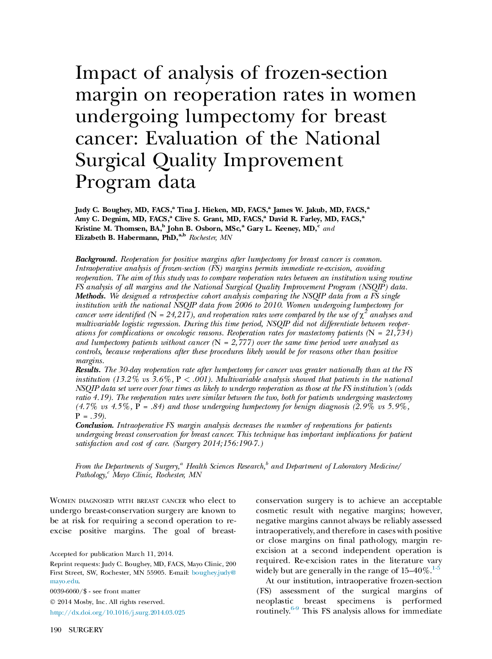 Impact of analysis of frozen-section margin on reoperation rates in women undergoing lumpectomy for breast cancer: Evaluation of the National Surgical Quality Improvement Program data