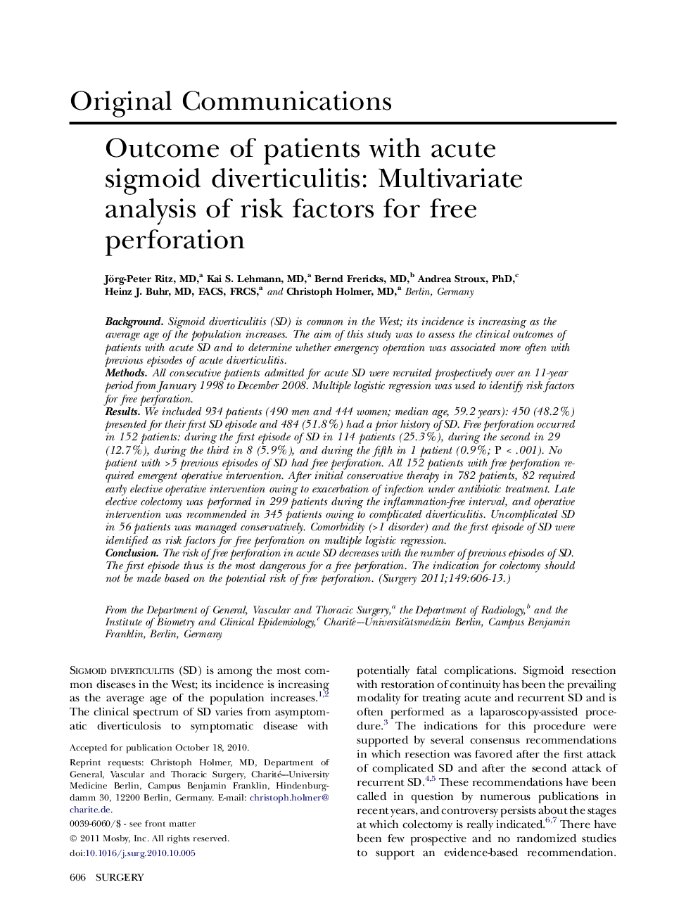 Outcome of patients with acute sigmoid diverticulitis: Multivariate analysis of risk factors for free perforation