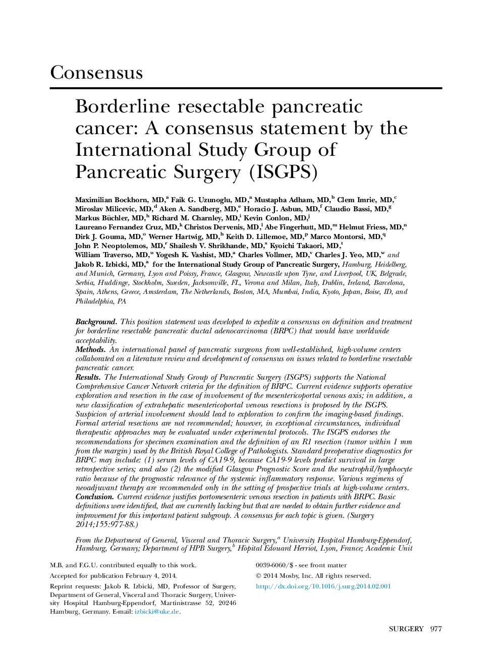 Borderline resectable pancreatic cancer: A consensus statement by the International Study Group of Pancreatic Surgery (ISGPS) 