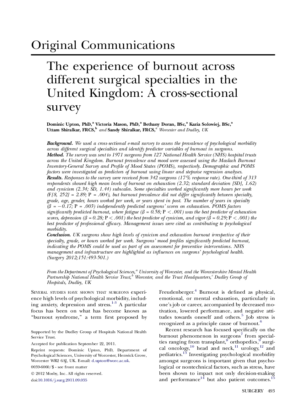 The experience of burnout across different surgical specialties in the United Kingdom: A cross-sectional survey 