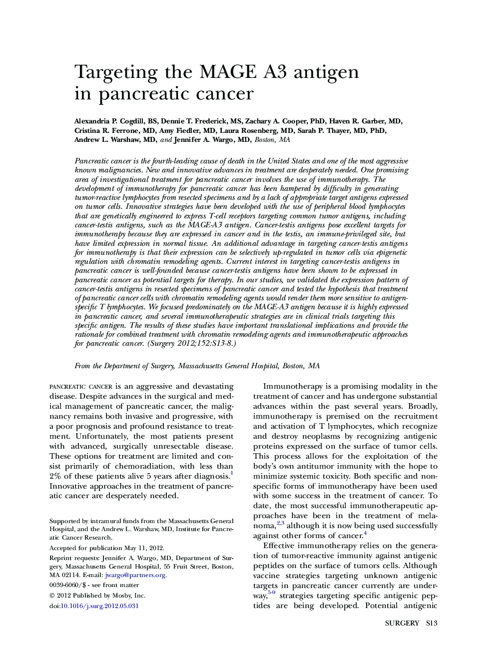 Targeting the MAGE A3 antigen in pancreatic cancer 
