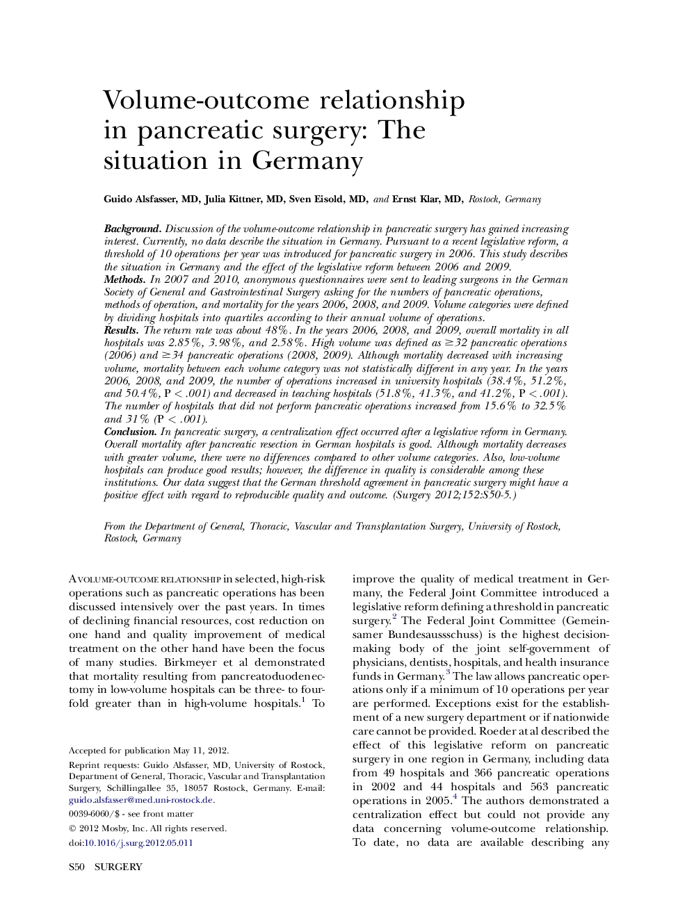 Volume-outcome relationship in pancreatic surgery: The situation in Germany