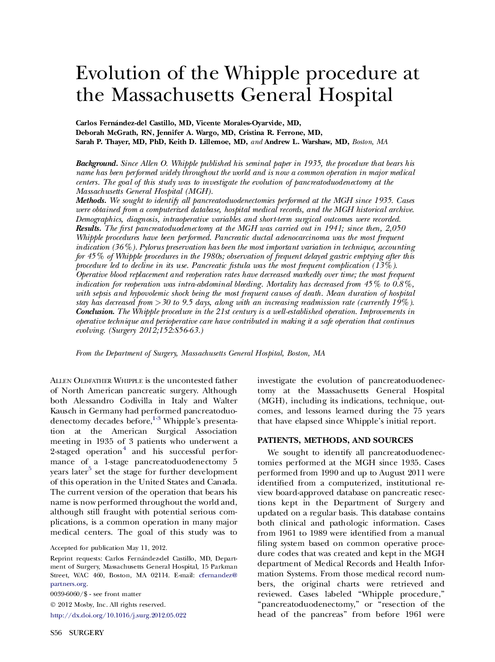 Evolution of the Whipple procedure at the Massachusetts General Hospital