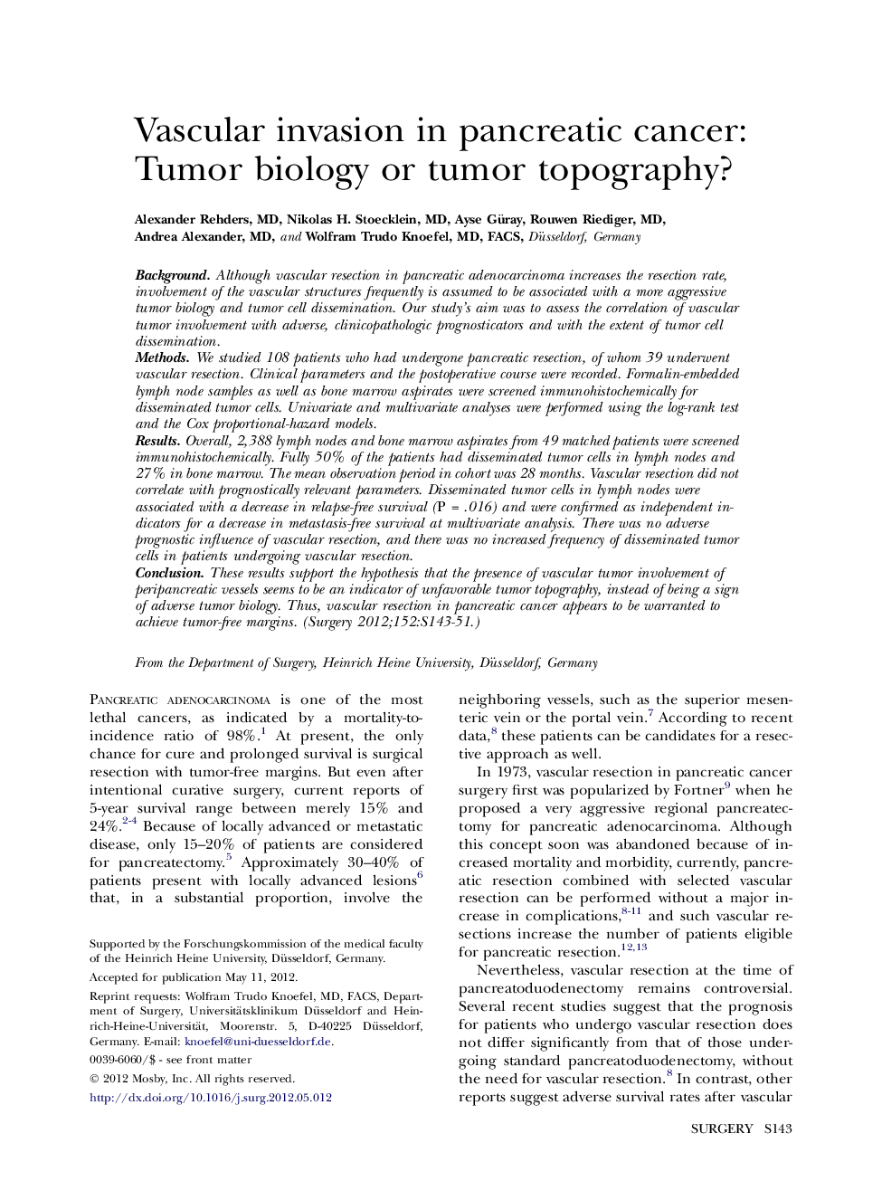 Vascular invasion in pancreatic cancer: Tumor biology or tumor topography? 