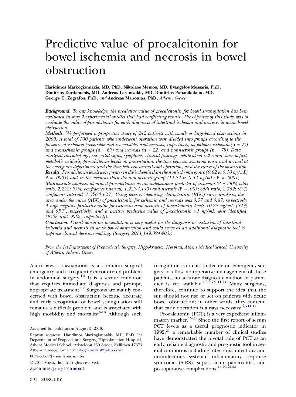 Predictive value of procalcitonin for bowel ischemia and necrosis in bowel obstruction