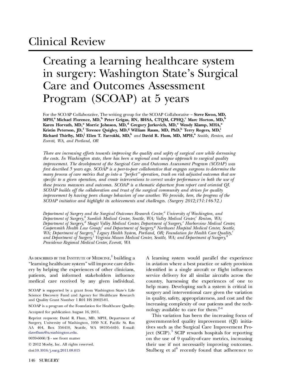 Creating a learning healthcare system in surgery: Washington State’s Surgical Care and Outcomes Assessment Program (SCOAP) at 5 years 