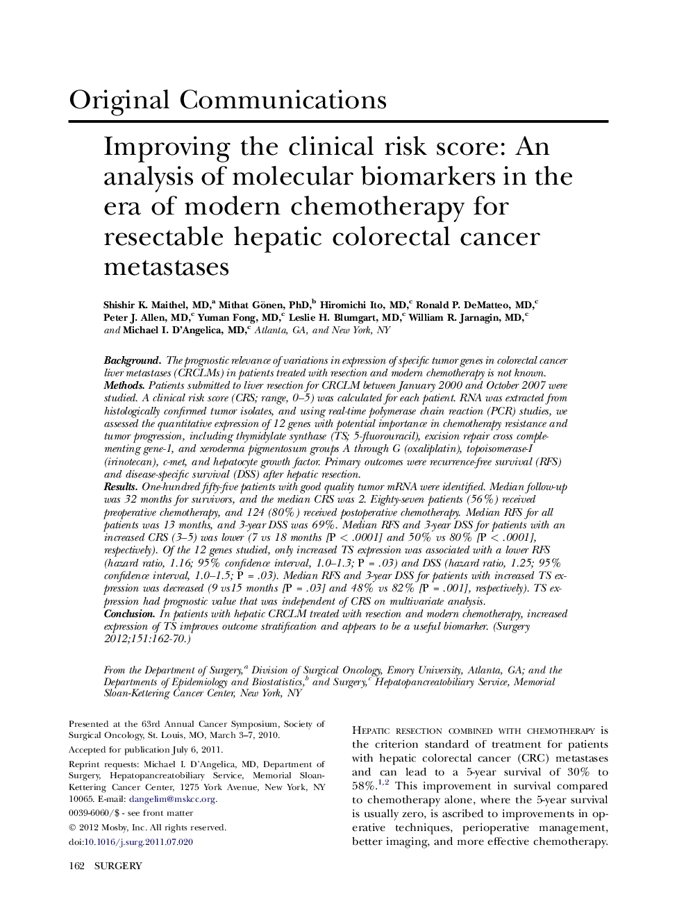 Improving the clinical risk score: An analysis of molecular biomarkers in the era of modern chemotherapy for resectable hepatic colorectal cancer metastases