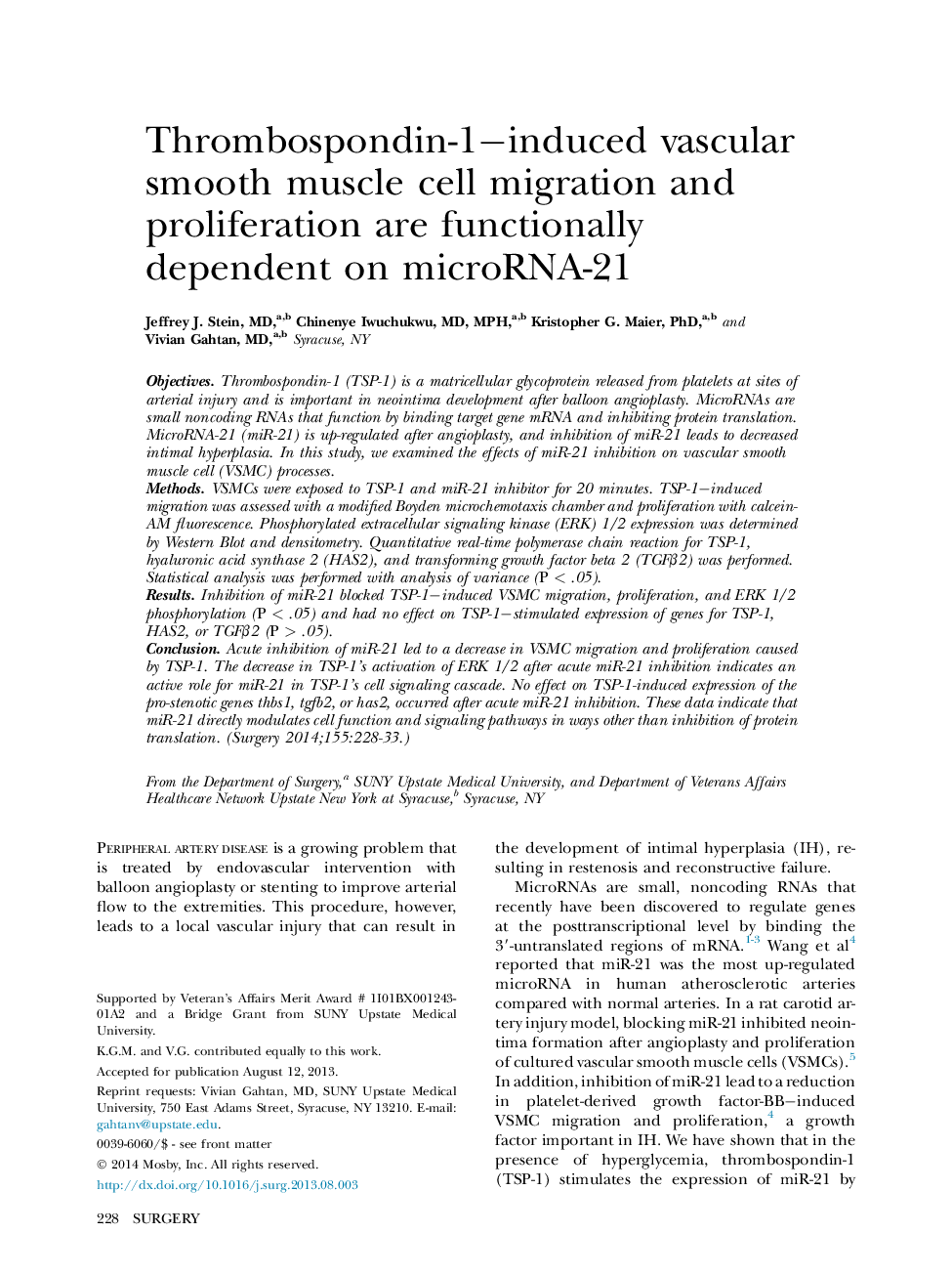 Thrombospondin-1−induced vascular smooth muscle cell migration and proliferation are functionally dependent on microRNA-21 