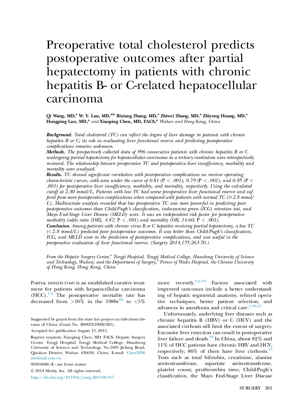 Preoperative total cholesterol predicts postoperative outcomes after partial hepatectomy in patients with chronic hepatitis B- or C-related hepatocellular carcinoma 