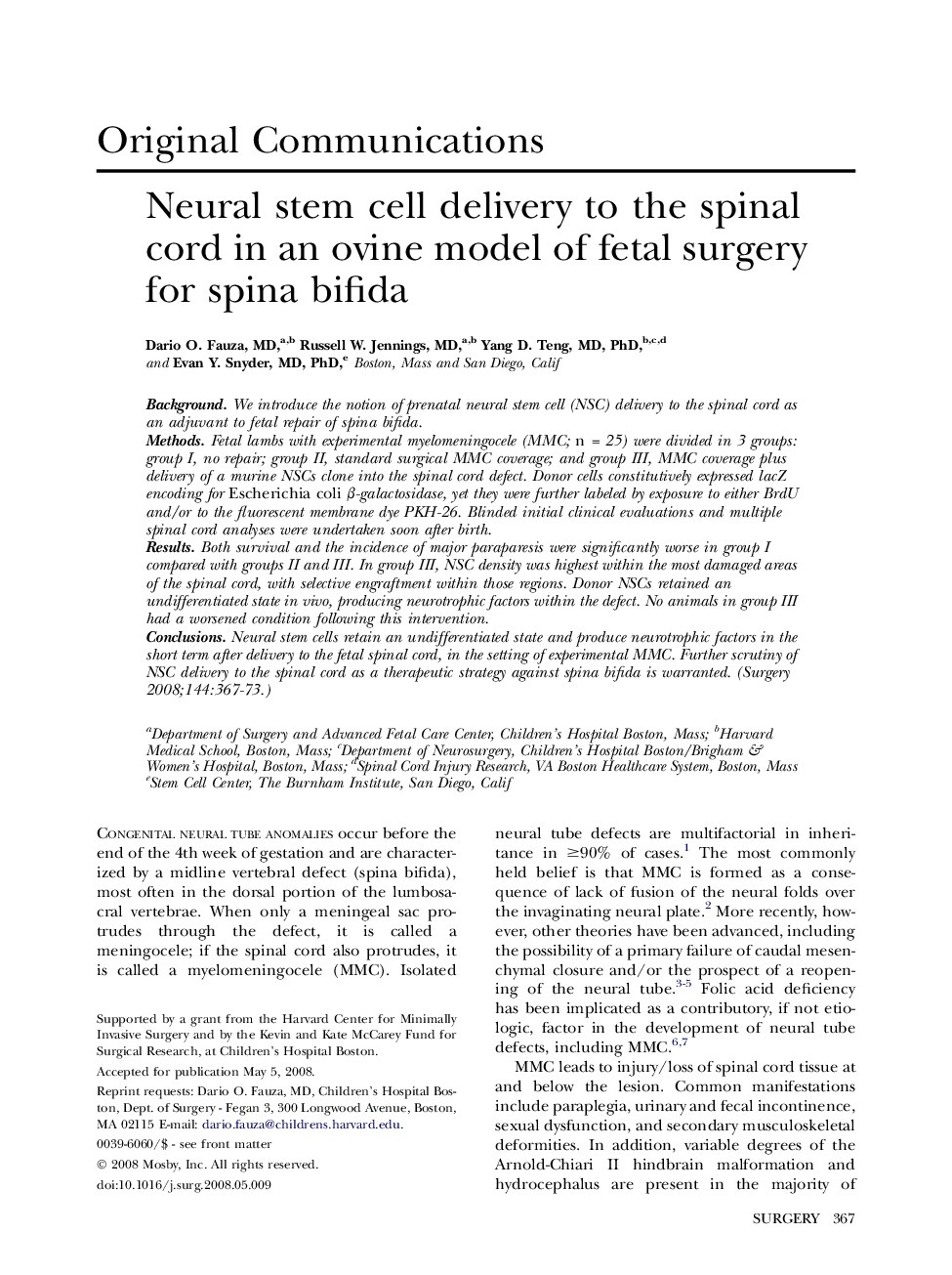 Neural stem cell delivery to the spinal cord in an ovine model of fetal surgery for spina bifida 