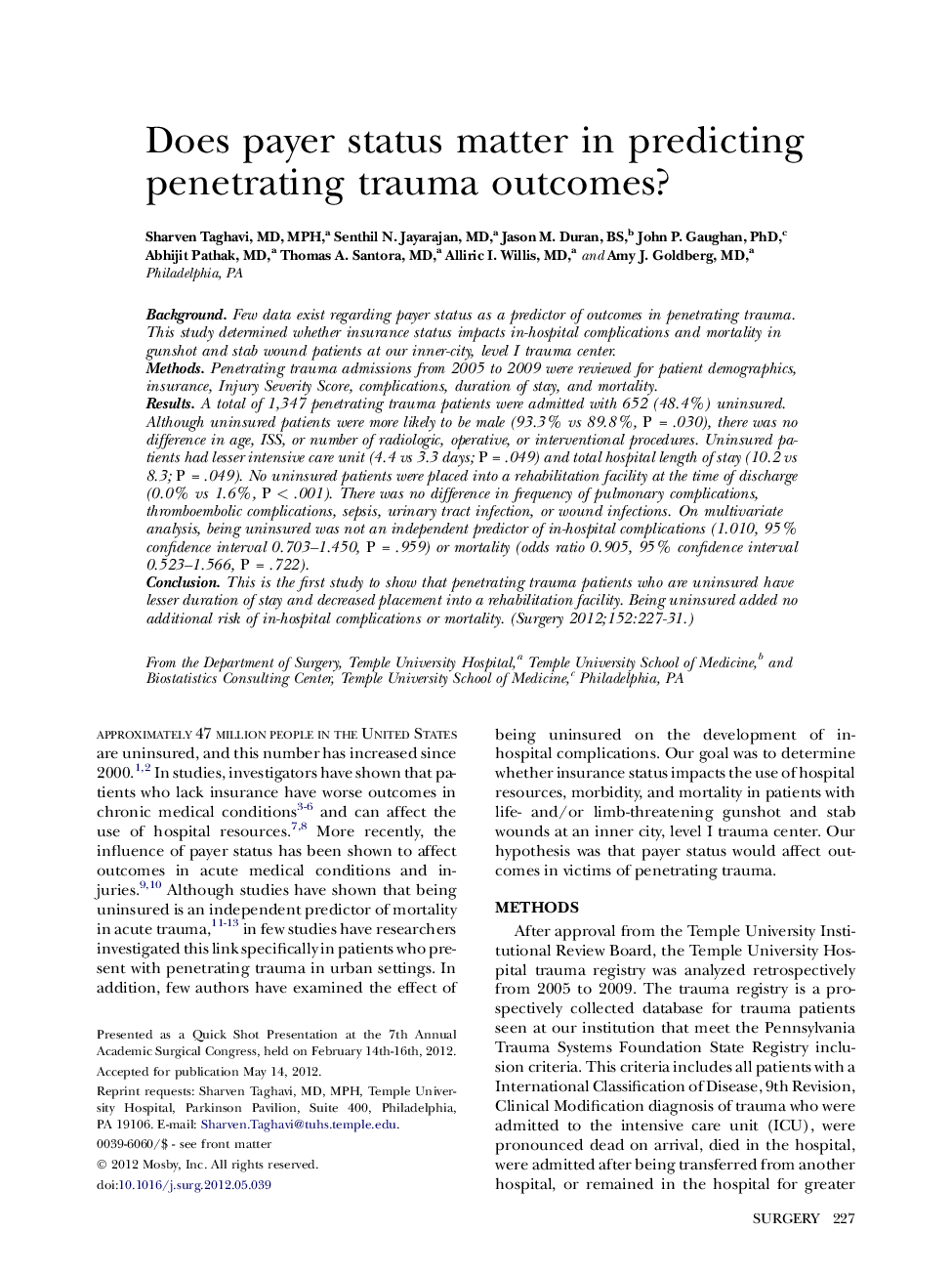 Does payer status matter in predicting penetrating trauma outcomes?