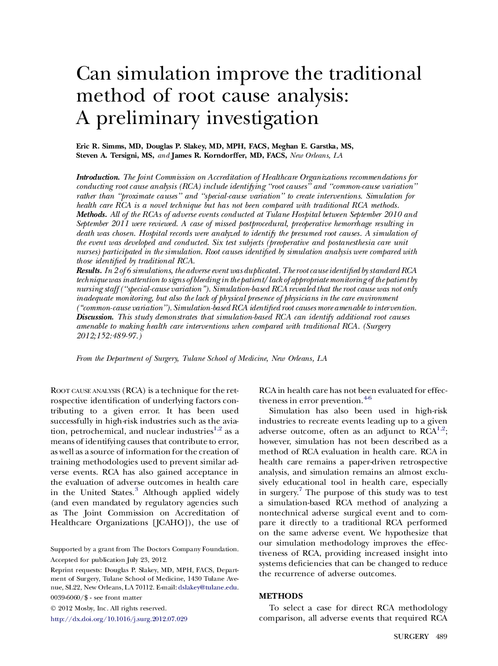 Can simulation improve the traditional method of root cause analysis: A preliminary investigation 